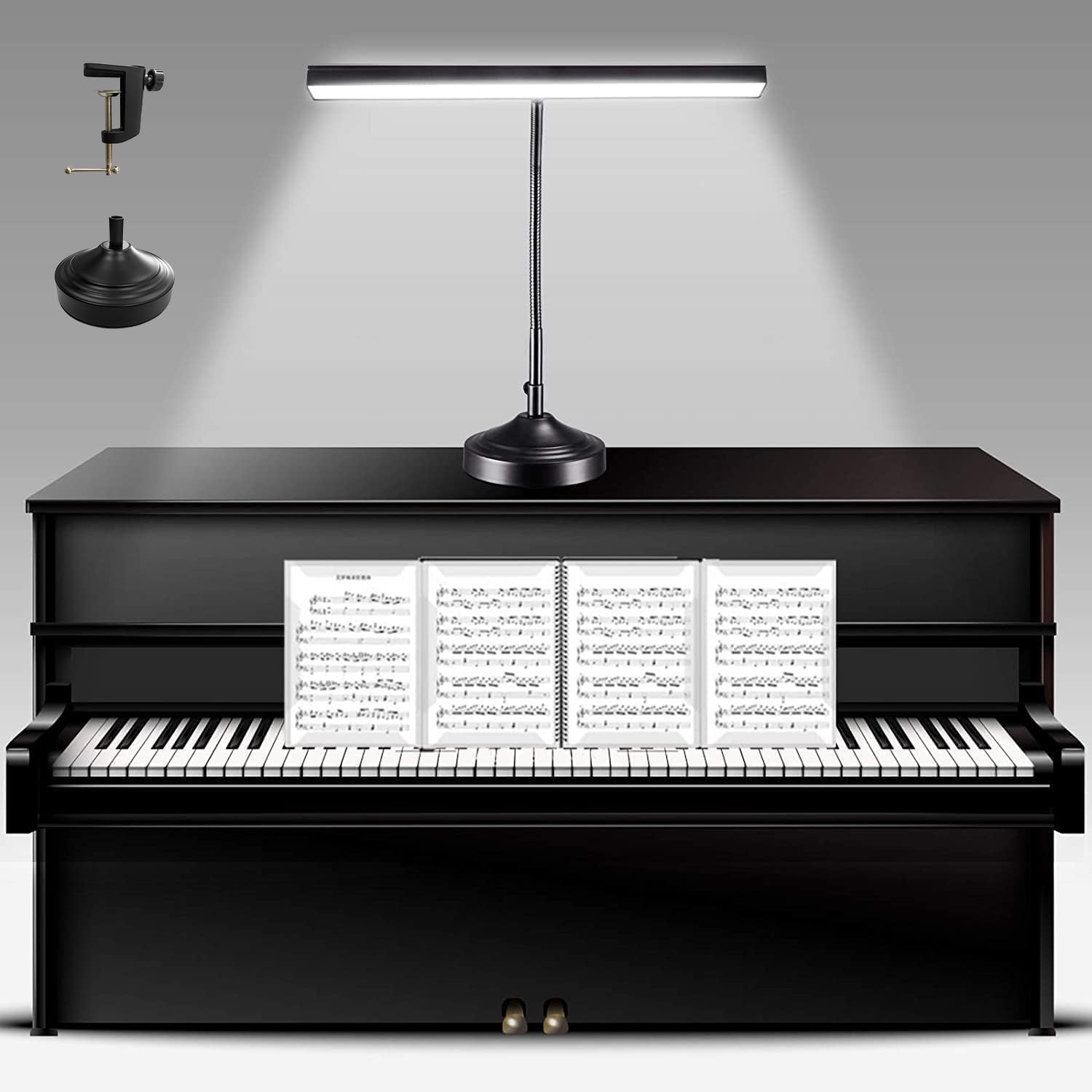 NovoLido Piano Desk Lamp base provides stable support for focused reading and practice.