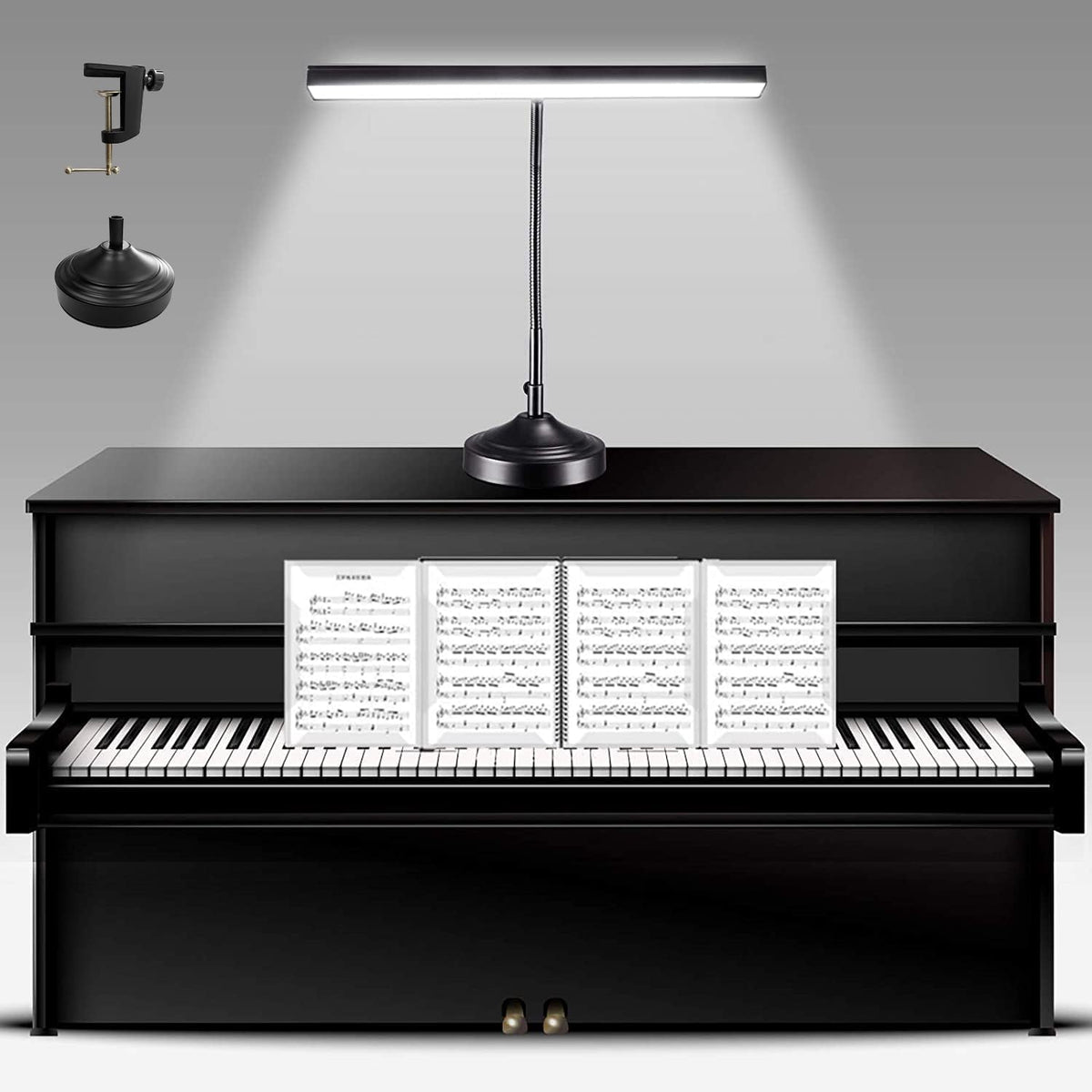 NovoLido Piano Desk Lamp base provides stable support for focused reading and practice.