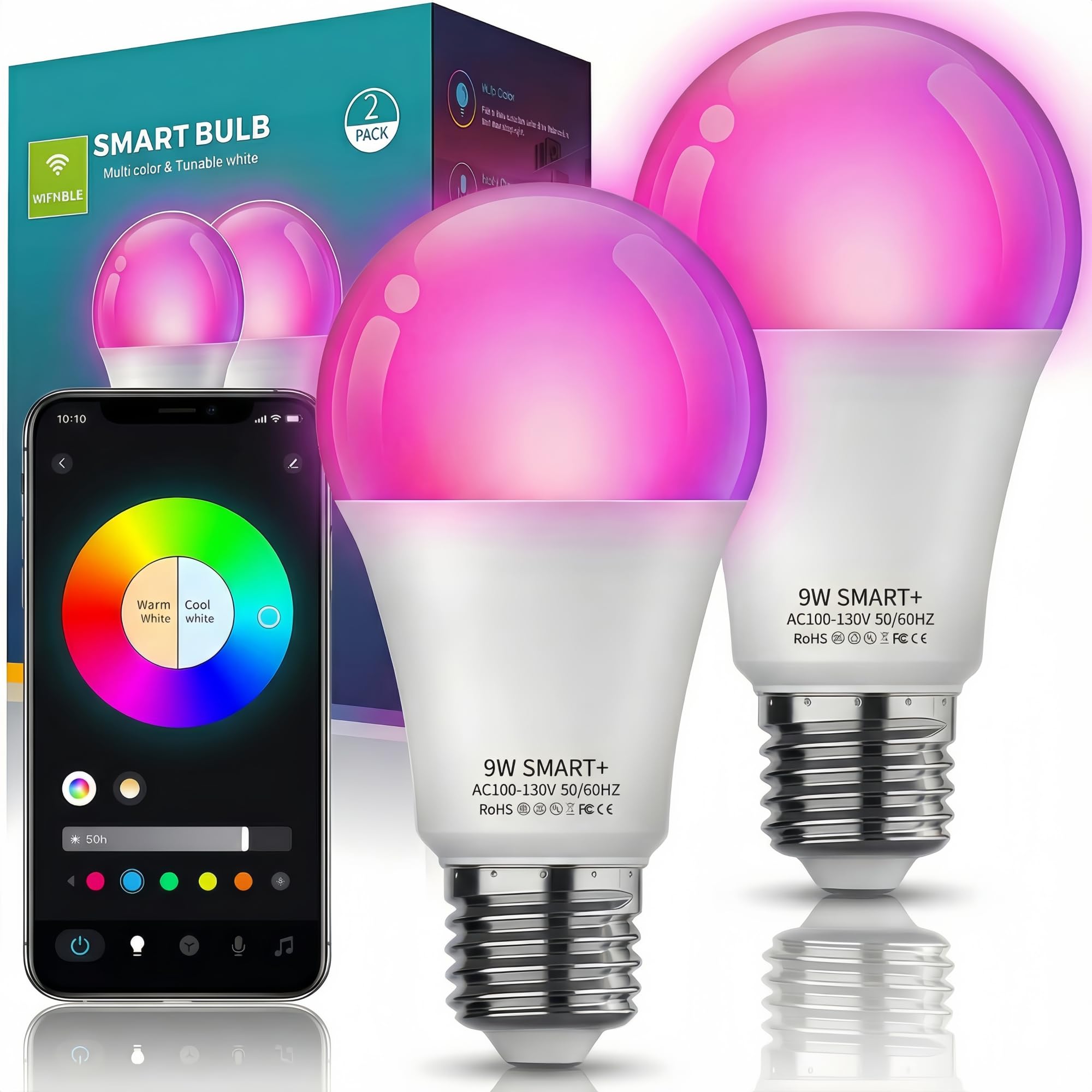 Nowepai smart light bulbs 2-pack in bright living room showing energy efficient lighting
