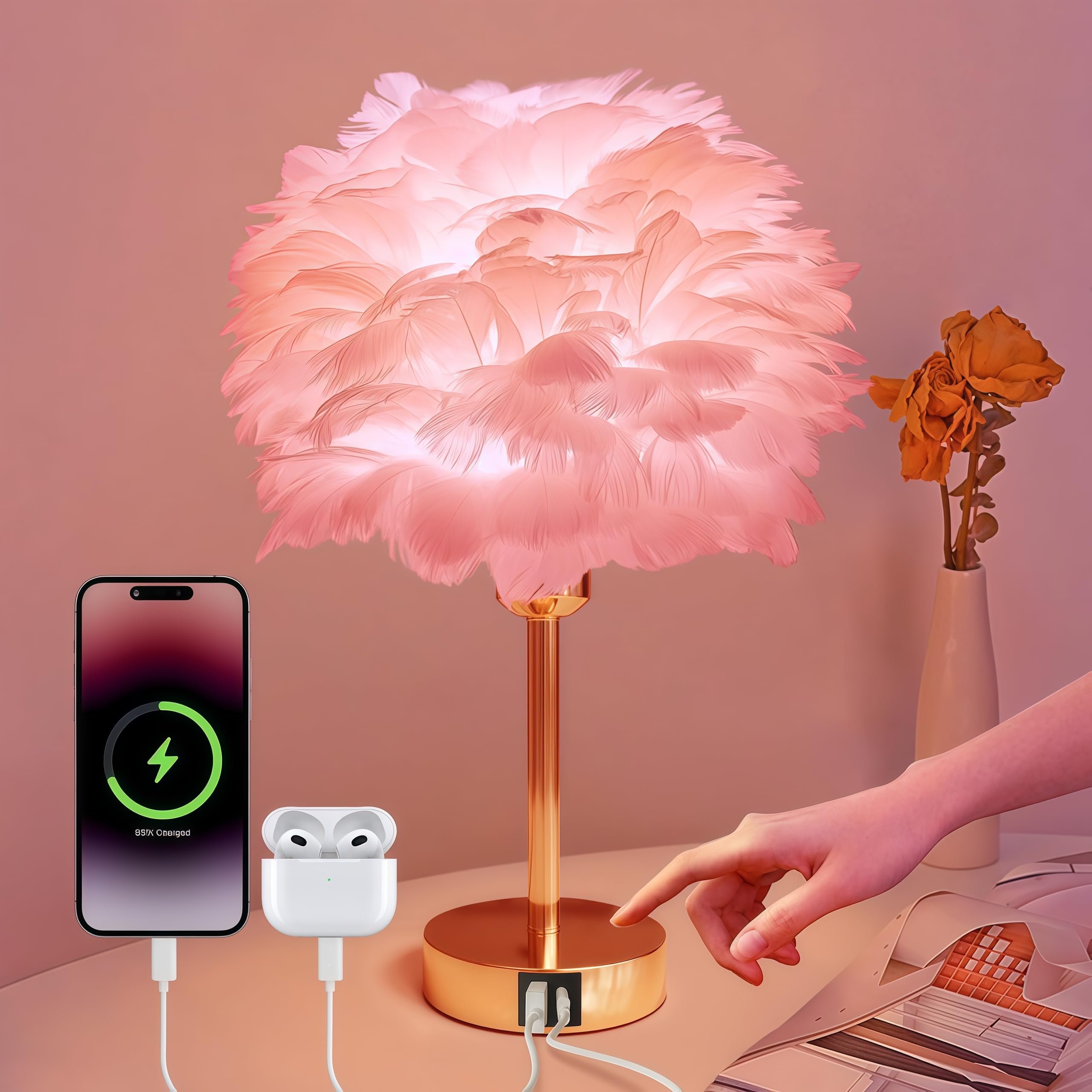 Nowepai smart touch bedside feather lamp closeup enabling effortless light control at night.