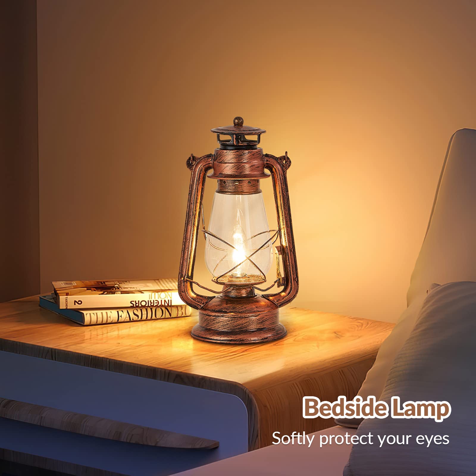 NOXARTE Rustic Lantern Table Lamp on-table view with iron finish.