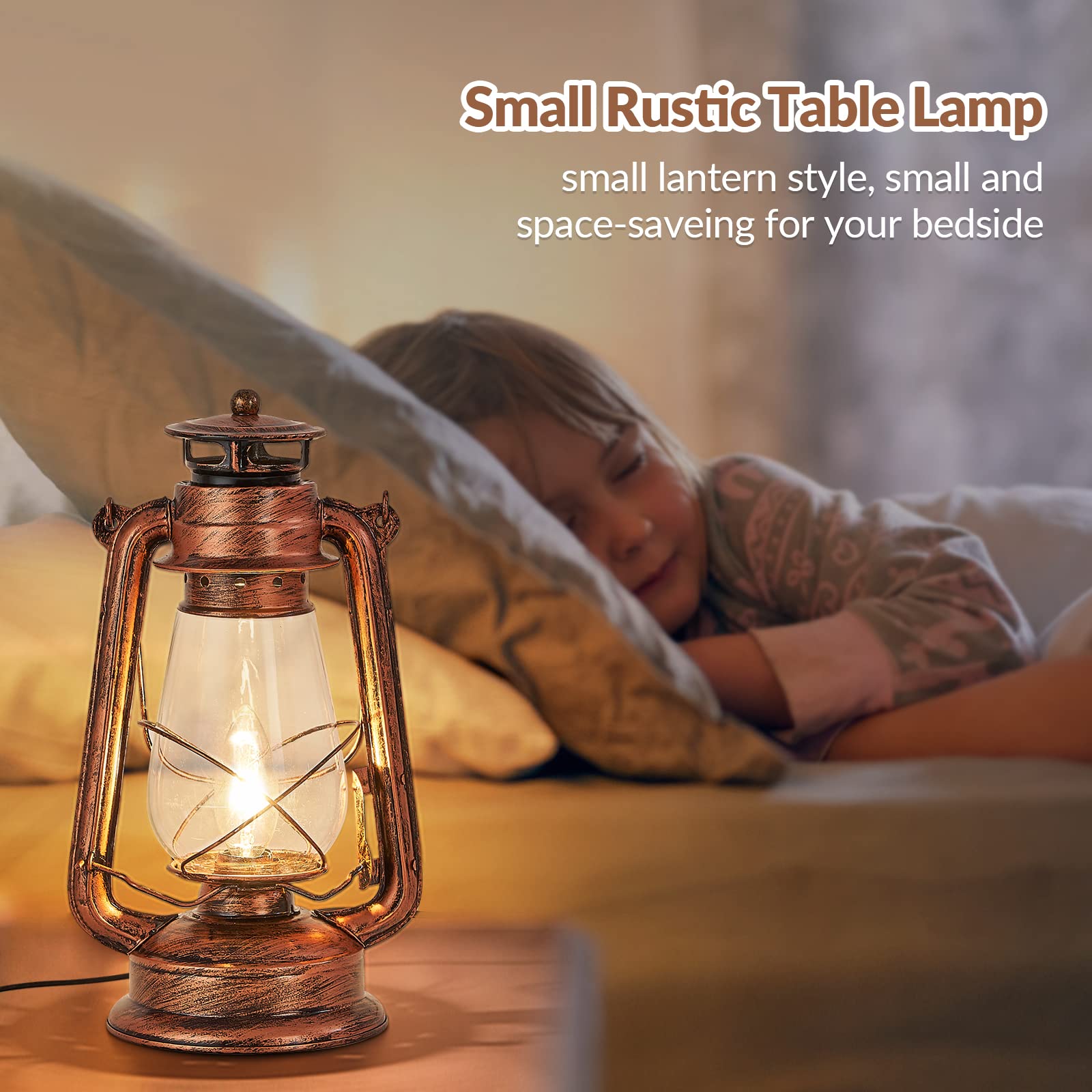 NOXARTE Rustic Lantern Table Lamp warm glow on living room table.