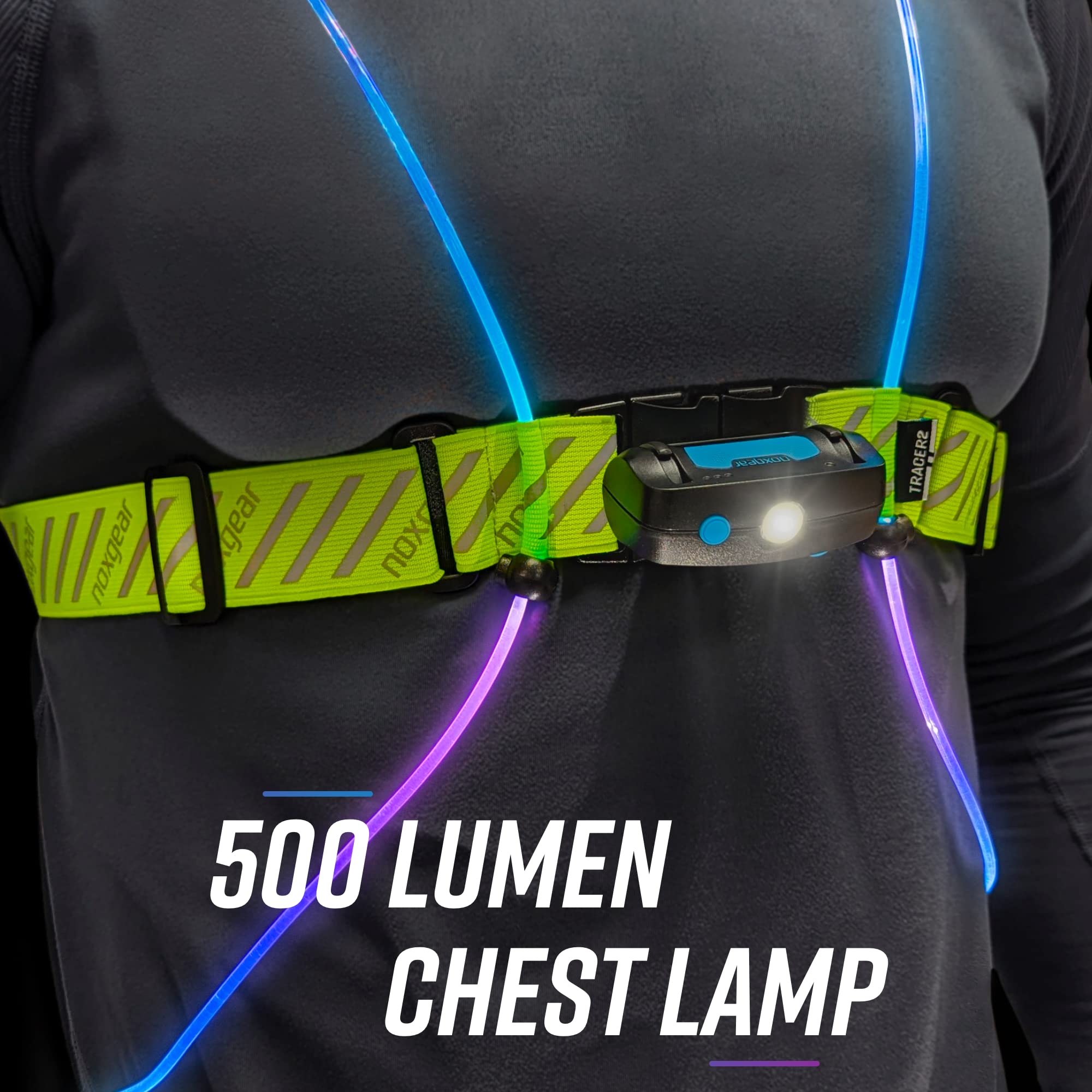 Noxgear Tracer chest lamp USB-C recharge for long-lasting power during runs.