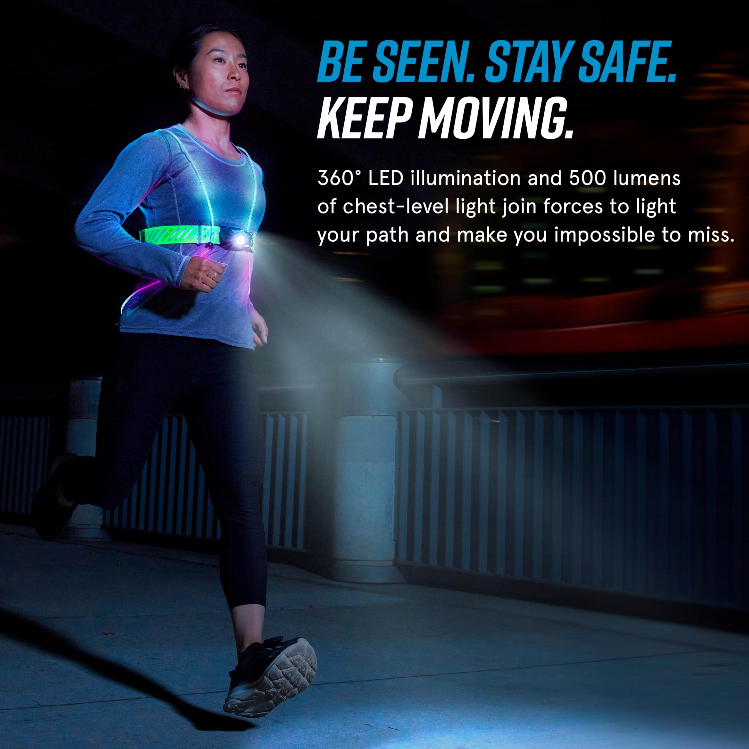 Noxgear Tracer2 reflective chest belt enhances night safety and visibility.