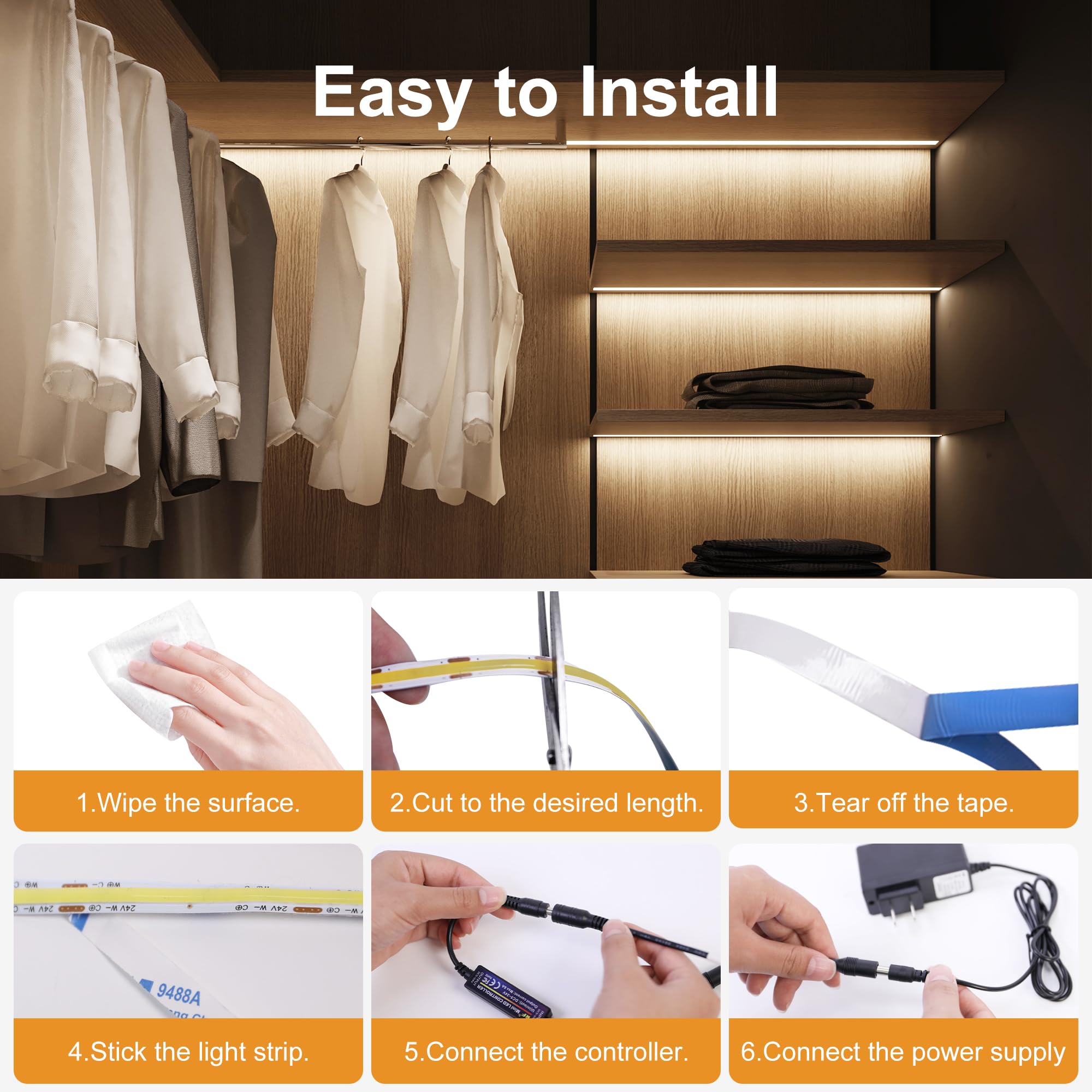 NoxLumina COB strip lights with 3M adhesive for quick mounting.