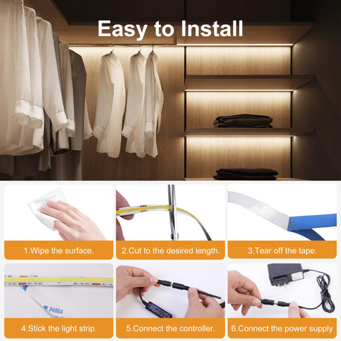 NoxLumina COB strip lights with 3M adhesive for quick mounting.