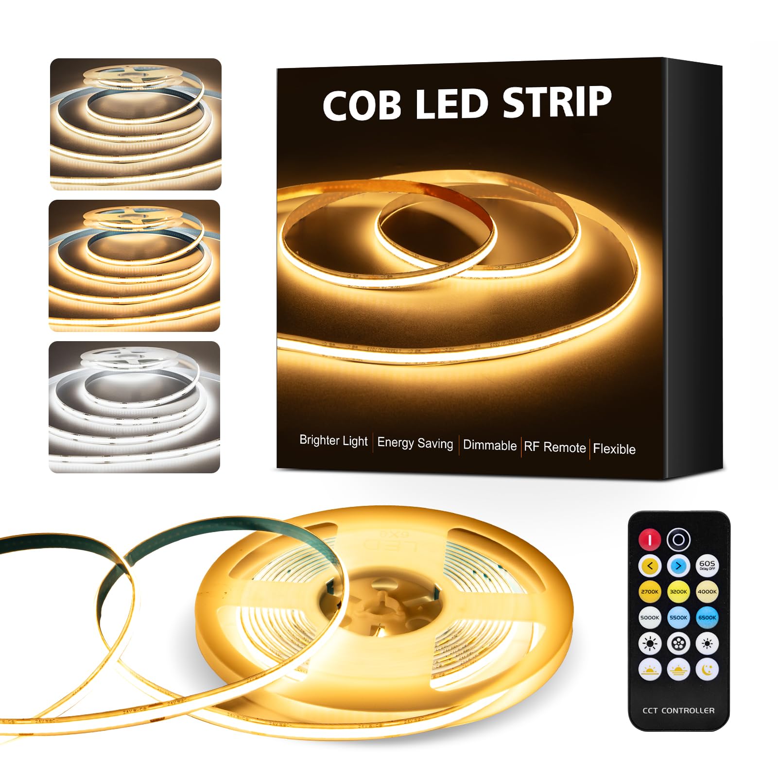 NoxLumina COB strip lights close-up shows dense LEDs for even brightness.