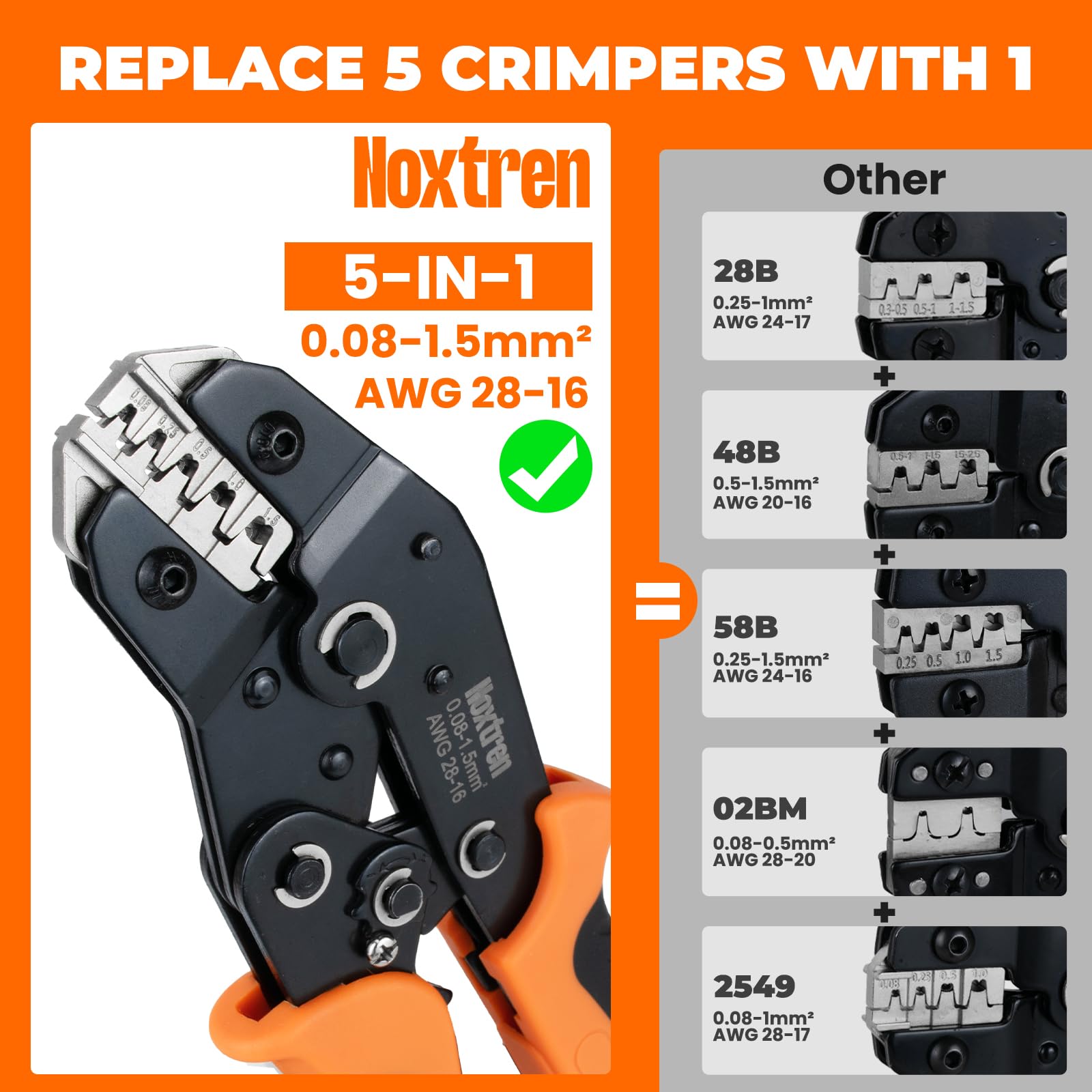 Noxtren 5-in-1 tool jaw closeup displaying precise crimps for open-barrel terminals.