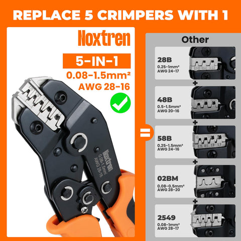 Noxtren 5-in-1 tool jaw closeup displaying precise crimps for open-barrel terminals.