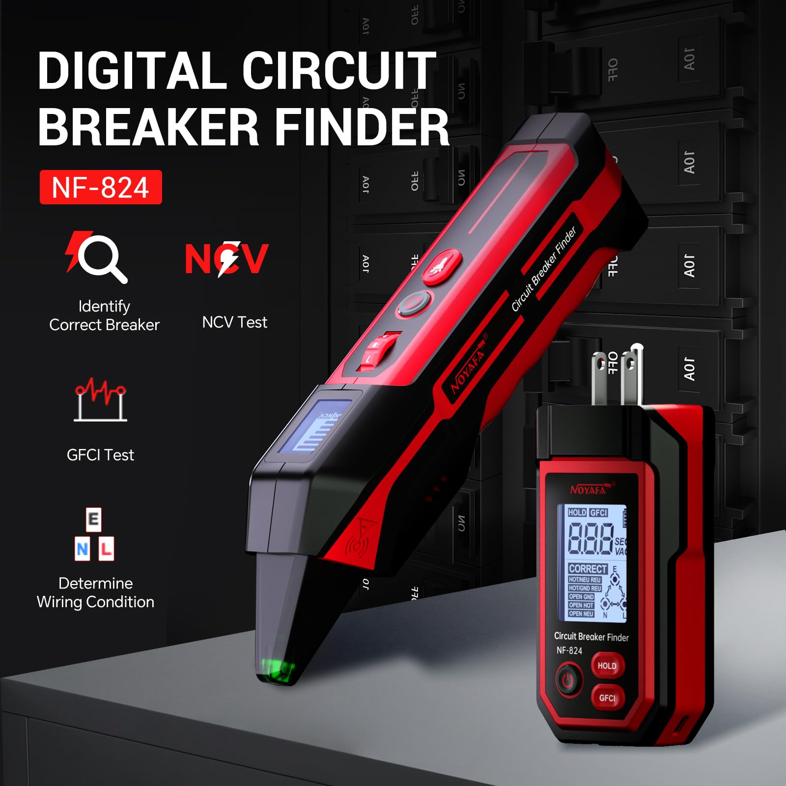 NOYAFA NF-824 LCD display clearly shows voltage and status for quick tracing.