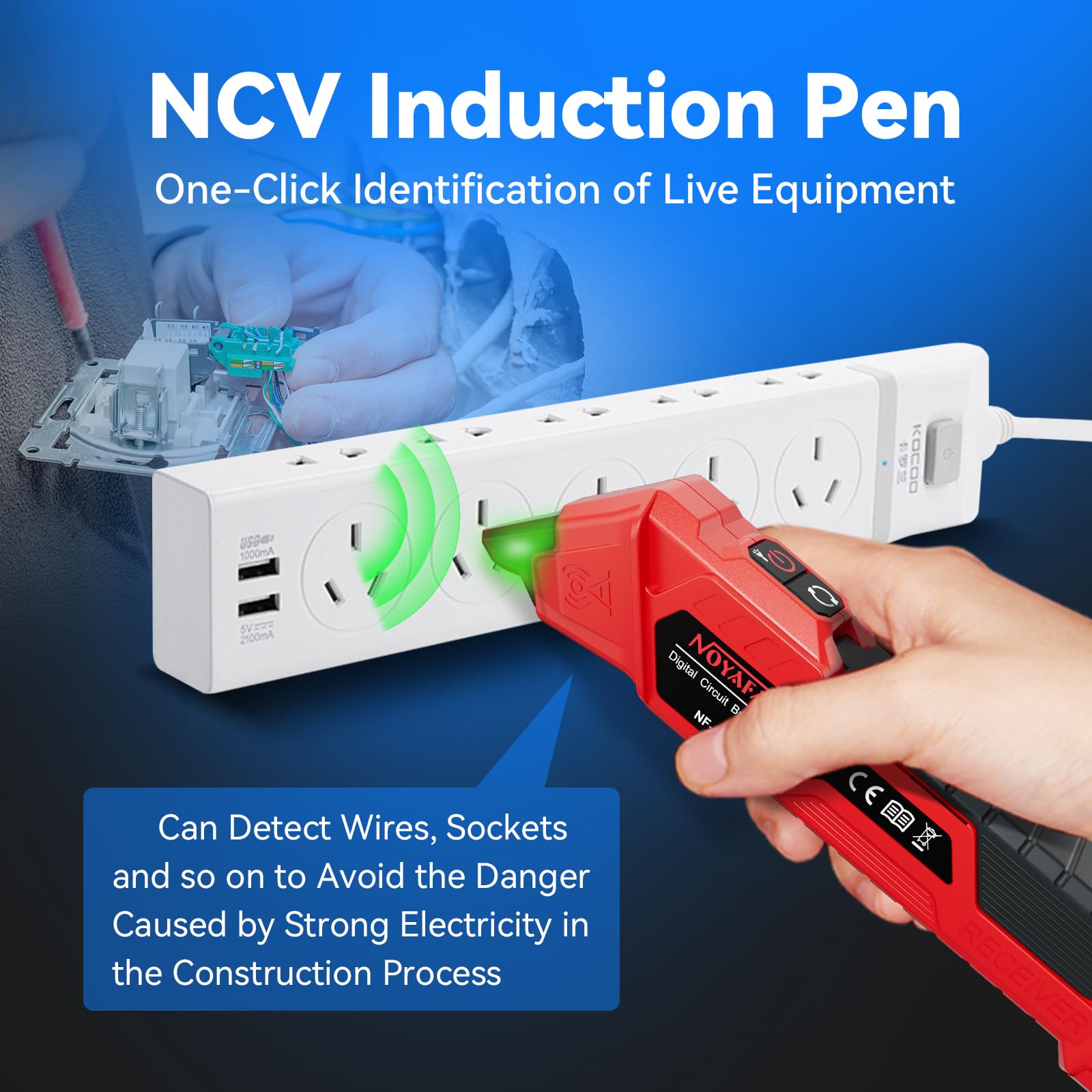 NOYAFA NF-827 GFCI tester confirms outlet wiring status at the outlet.