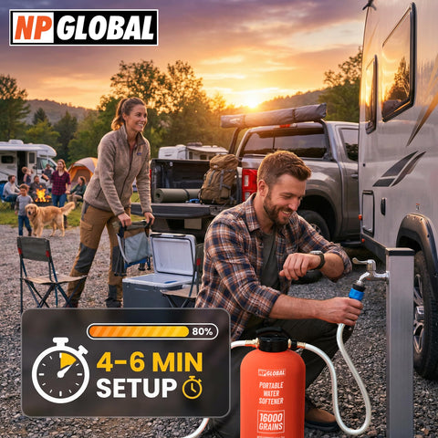 NPGLOBAL RV Water Softener in use on an RV setup improves water quality.