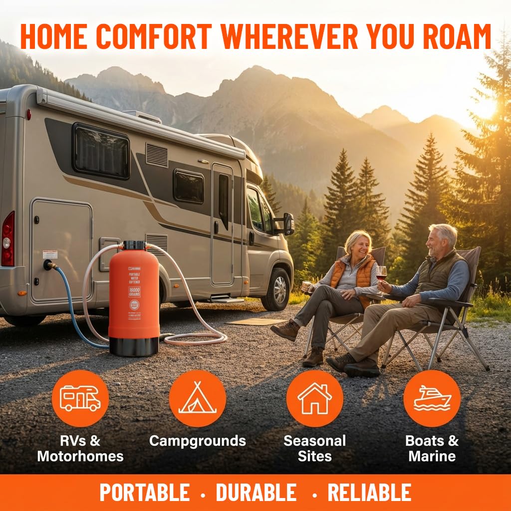 NPGLOBAL RV Water Softener uses NSF-certified resin for durable water treatment.