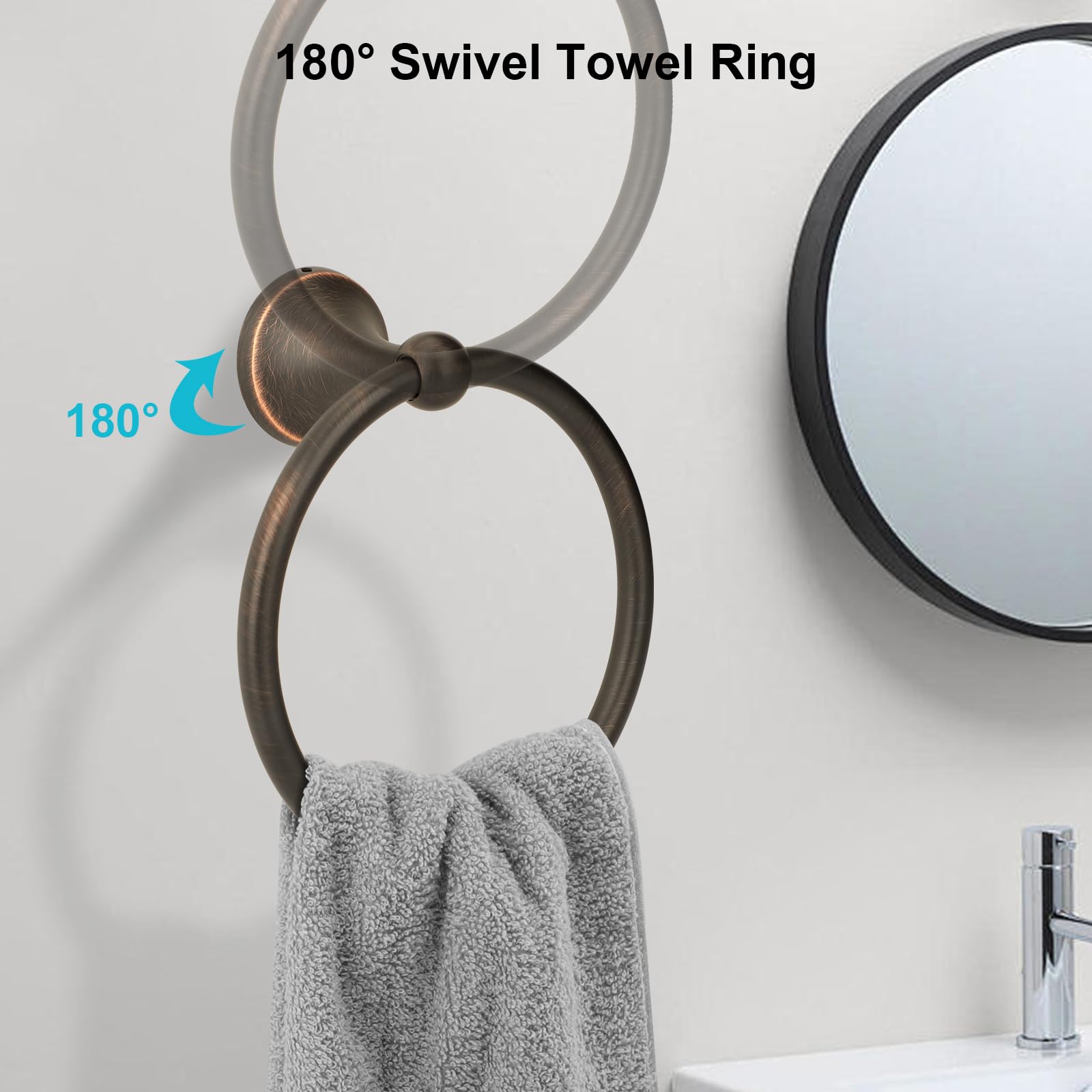 Ntipox antique bronze towel ring provides quick hand-dry access.