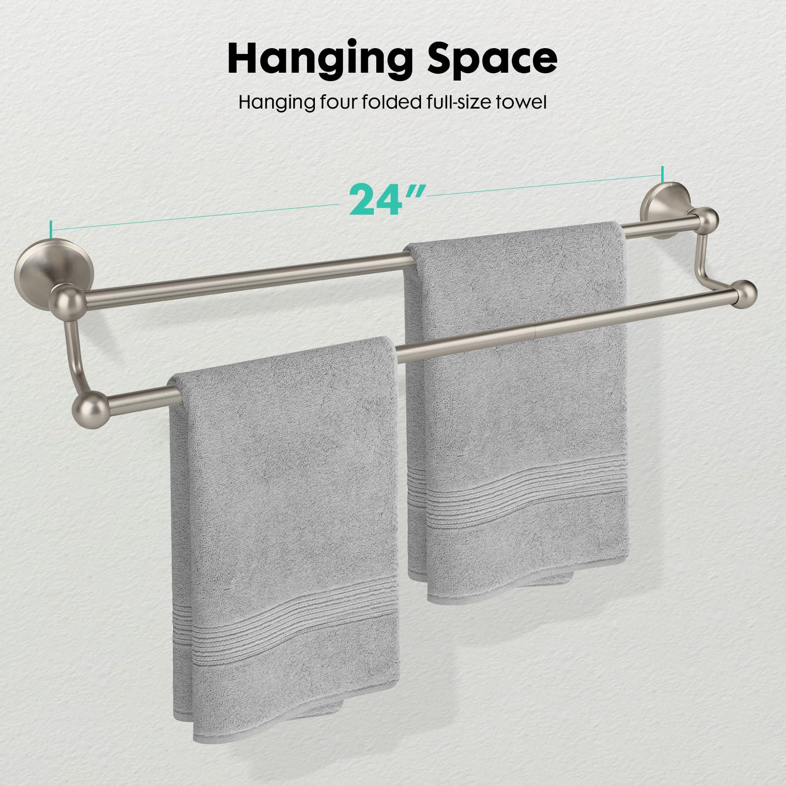 Ntipox brushed nickel wall-mounted towel rack enhances bathroom aesthetics and drying.