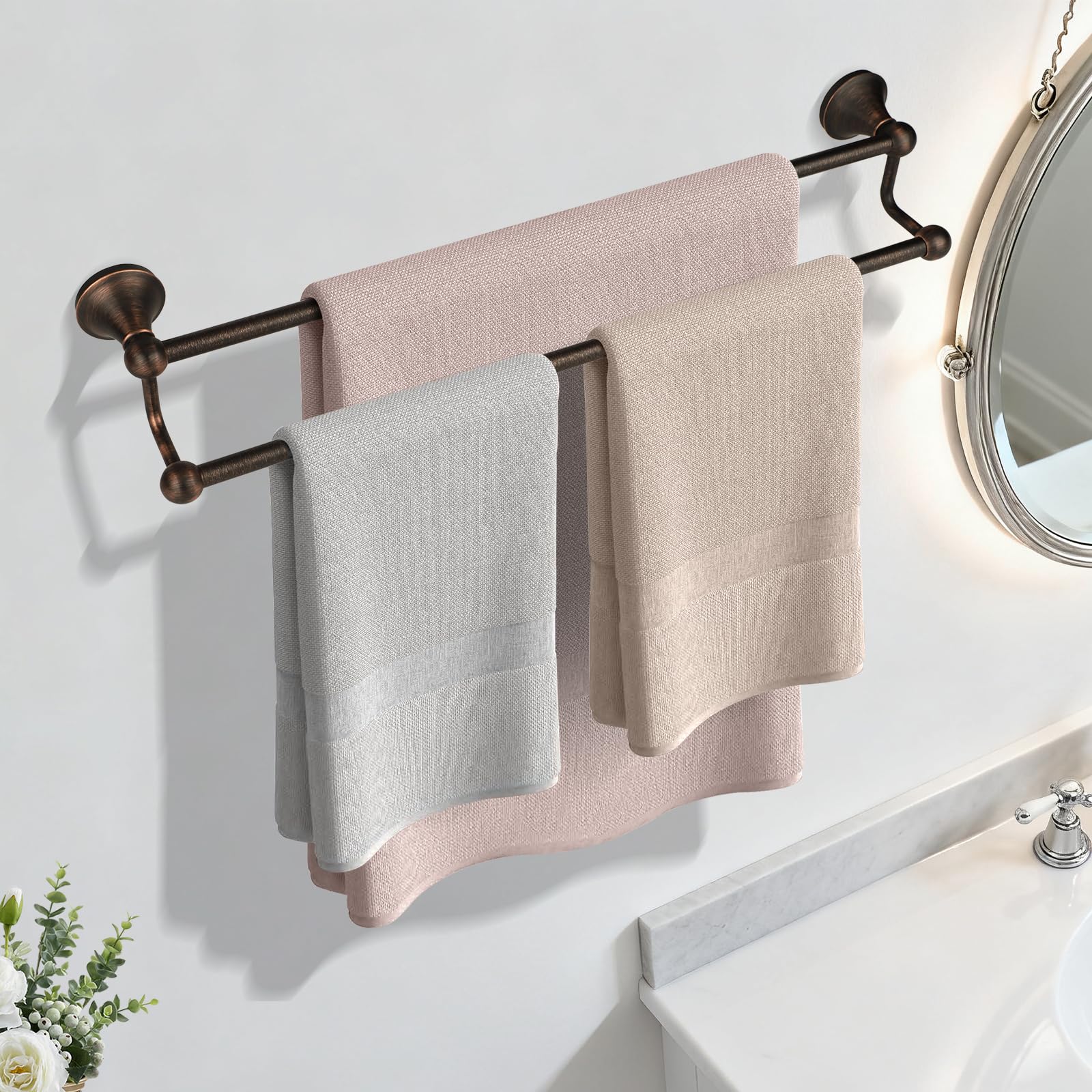 Close-up of oil-rubbed bronze finish on Ntipox towel bar