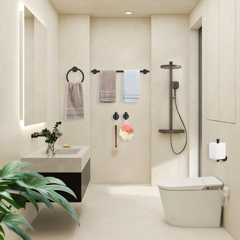 NTIPOX wall-mount installation in matte black suits multiple bathroom surfaces.