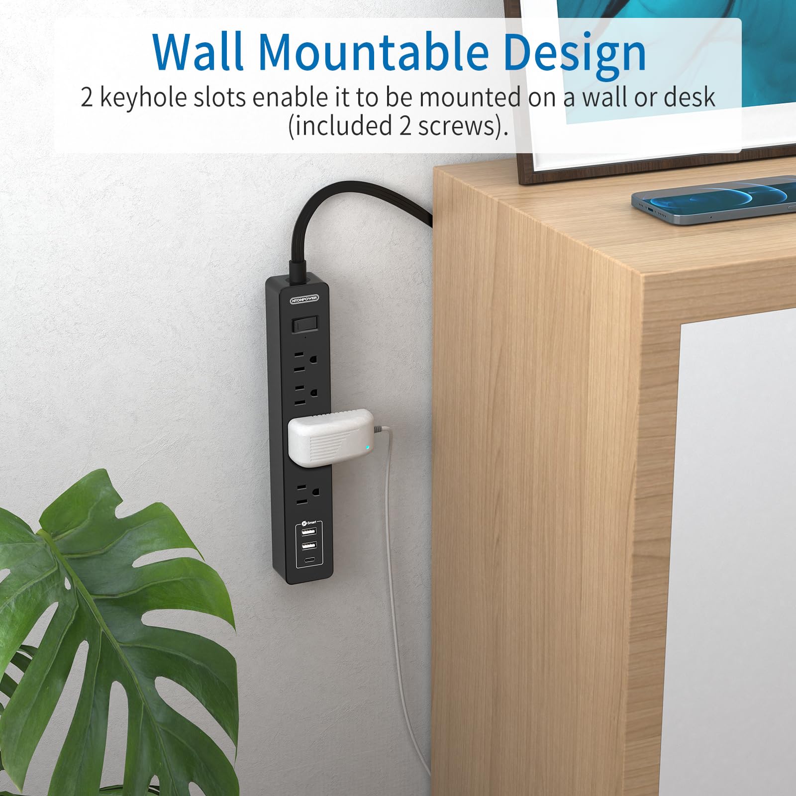 NTONPOWER wall-mount holes enable tidy desks and wall placement