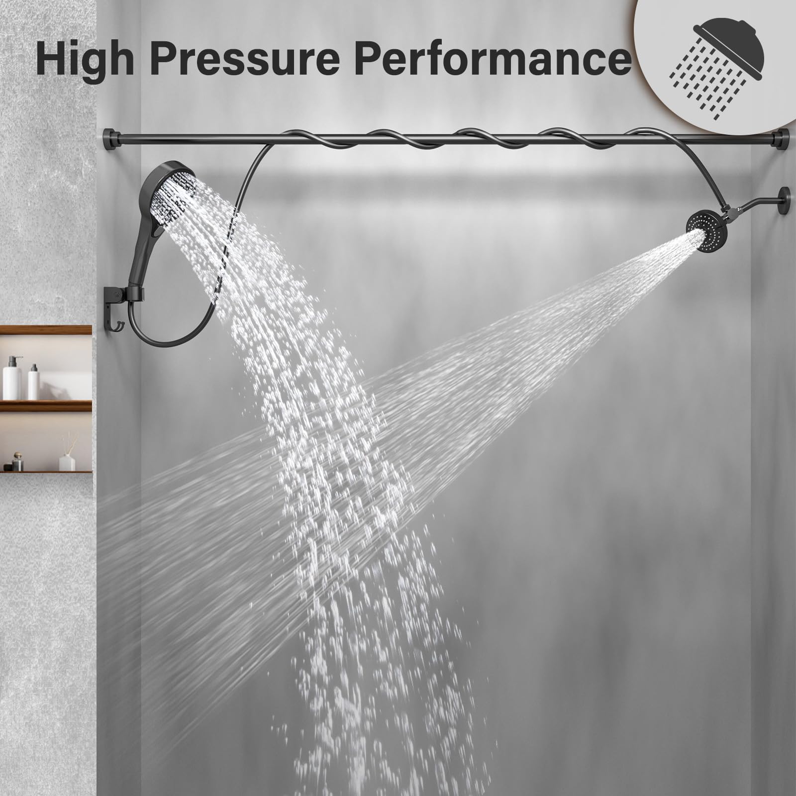 NTPN dual shower head showing 3 flow settings: massage, saturating, mix