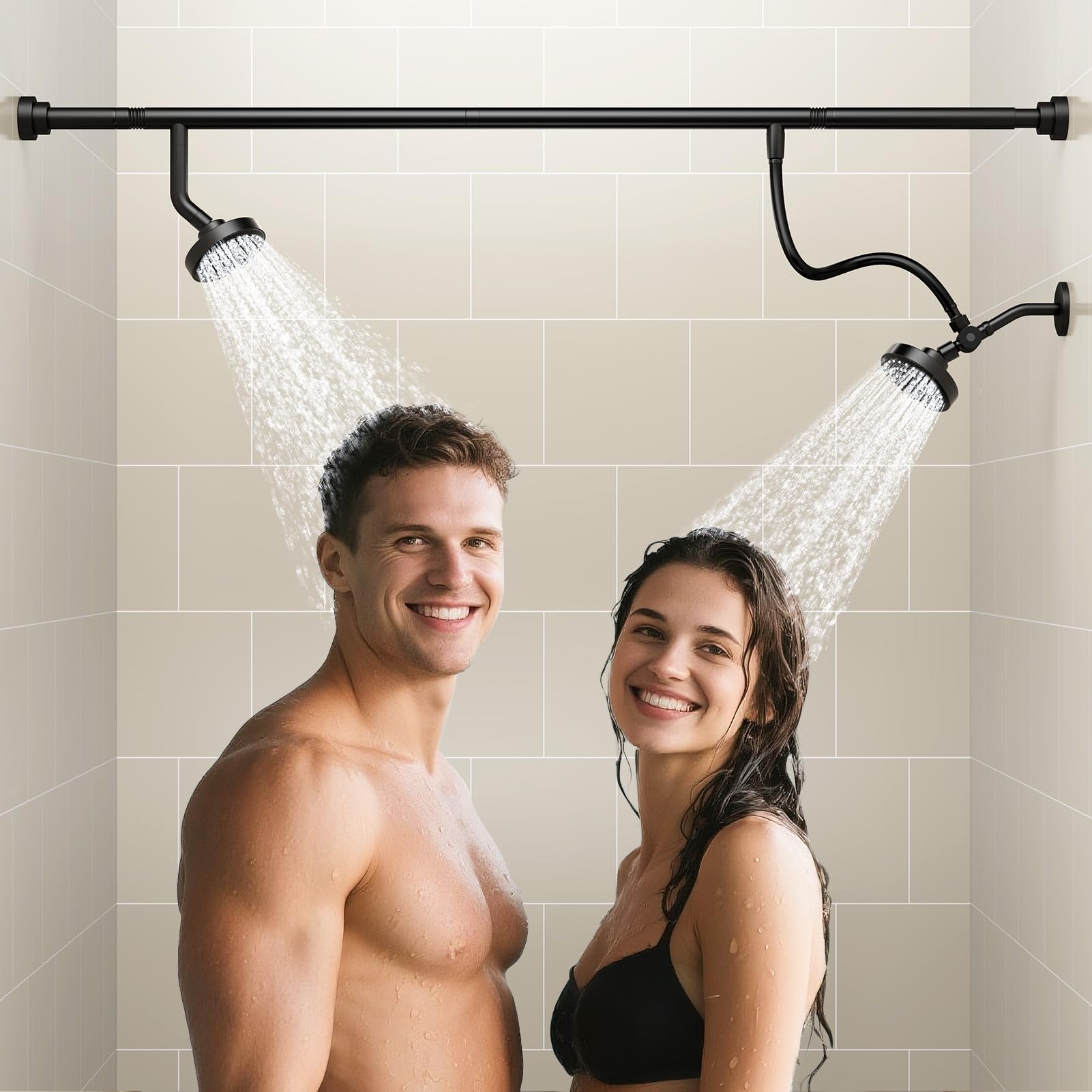 NTPN dual shower head for couples on a black rod enabling simultaneous refreshing showers