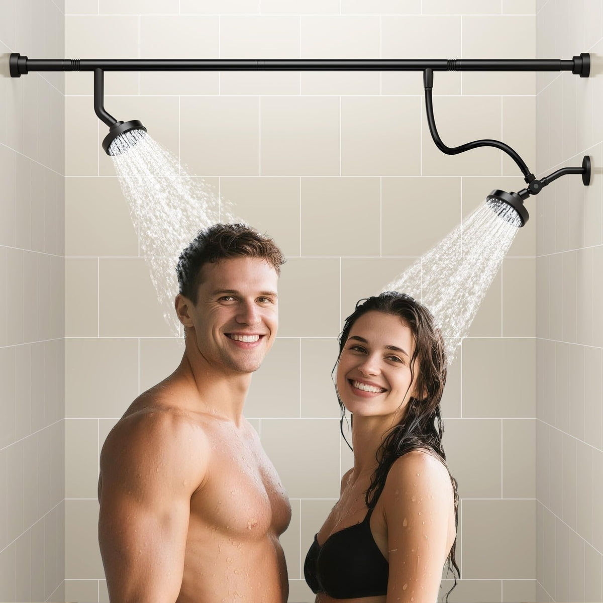 NTPN dual shower head for couples on a black rod enabling simultaneous refreshing showers