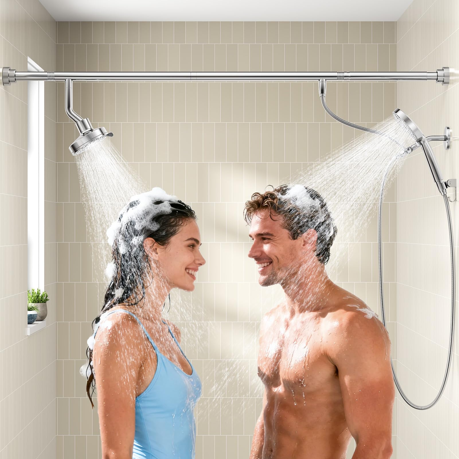 NTPN dual shower head with handheld in chrome offers spa-like experience for couples.
