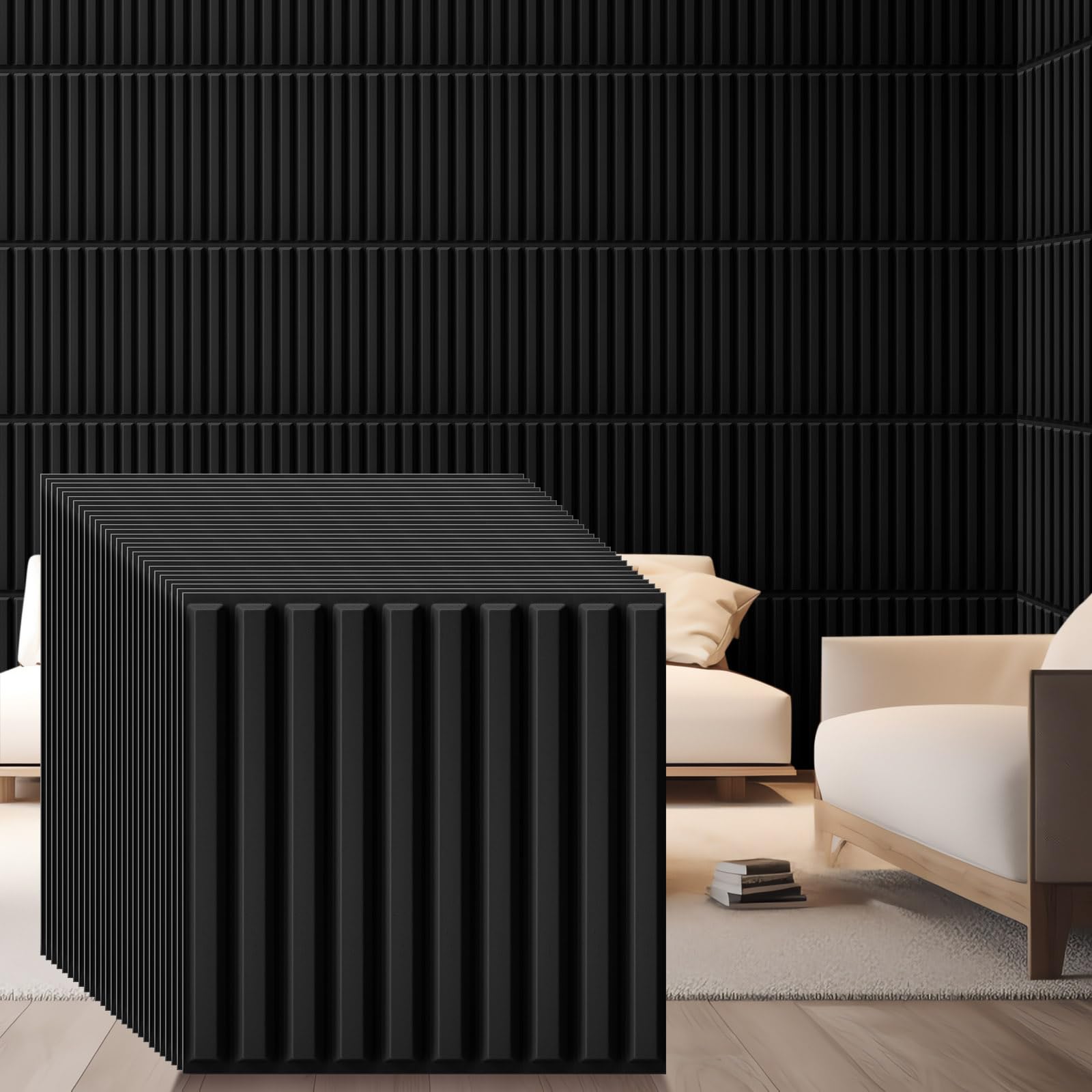 Nuanchu 3D slat wall panel in black for feature walls and ceilings.