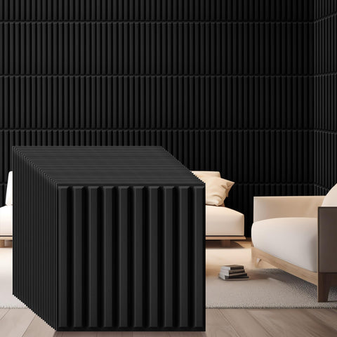 Nuanchu 3D slat wall panel in black for feature walls and ceilings.