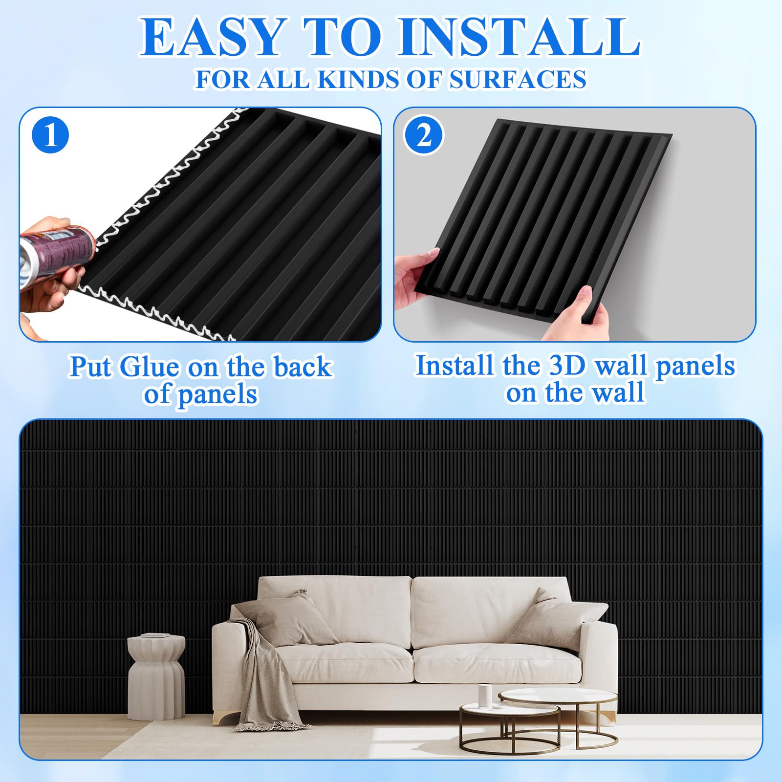 Nuanchu black 3D panel adds modern texture to living rooms.