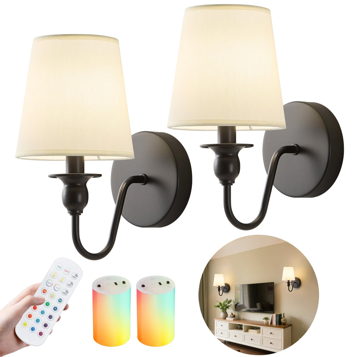 Nuanshued battery wall sconce set 2 assembly shows wiring-free setup.