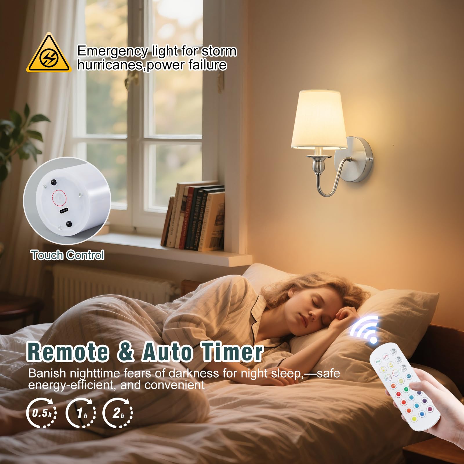 Bedroom setup with wireless sconces enhances reading and relaxation.
