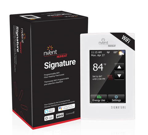 Nuheat Signature touchscreen thermostat mounted on wall for easy under-tile heating control.