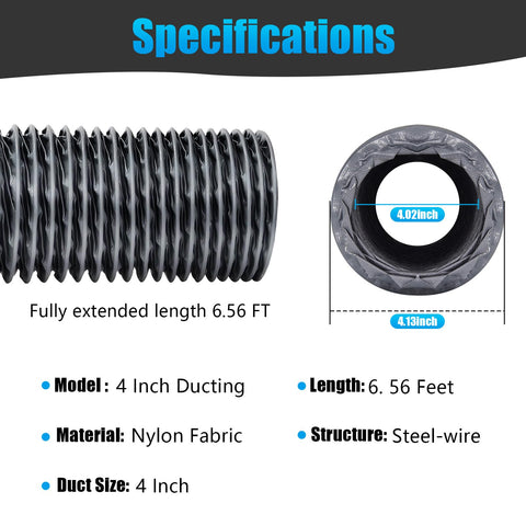 Nui-Rui vent hose bending freely to illustrate easy 4-inch duct installation.