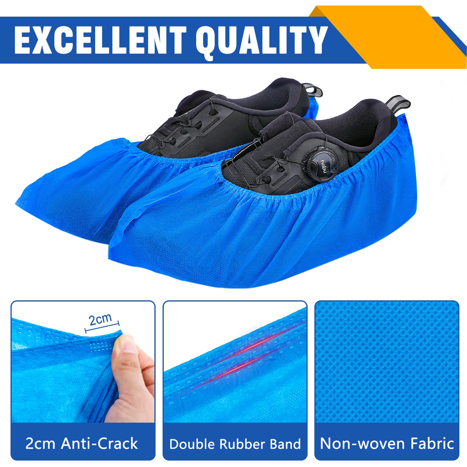 NUITPY shoe covers in use showing universal fit for various footwear.