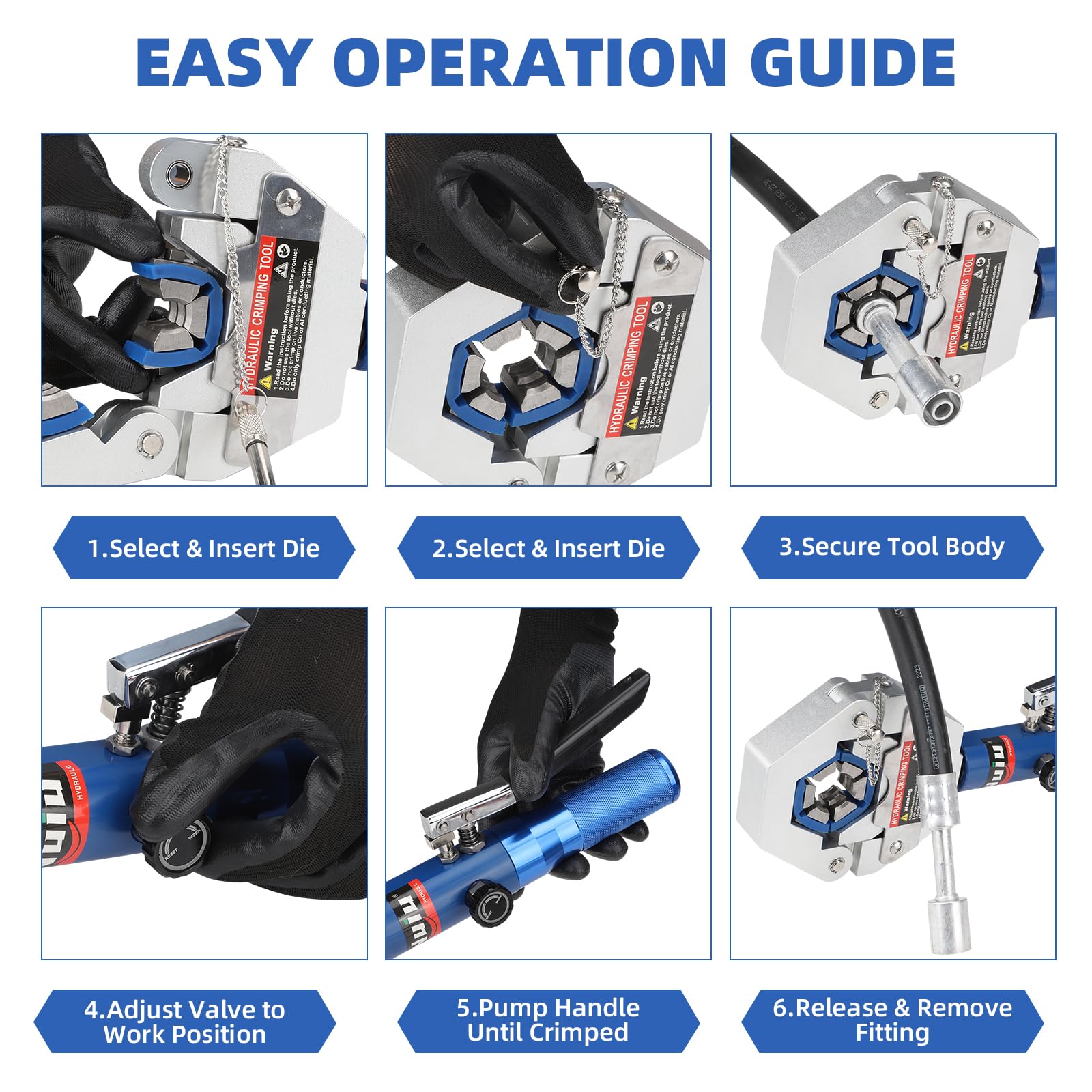 Nuiu openable jaws secure hoses during crimping action.