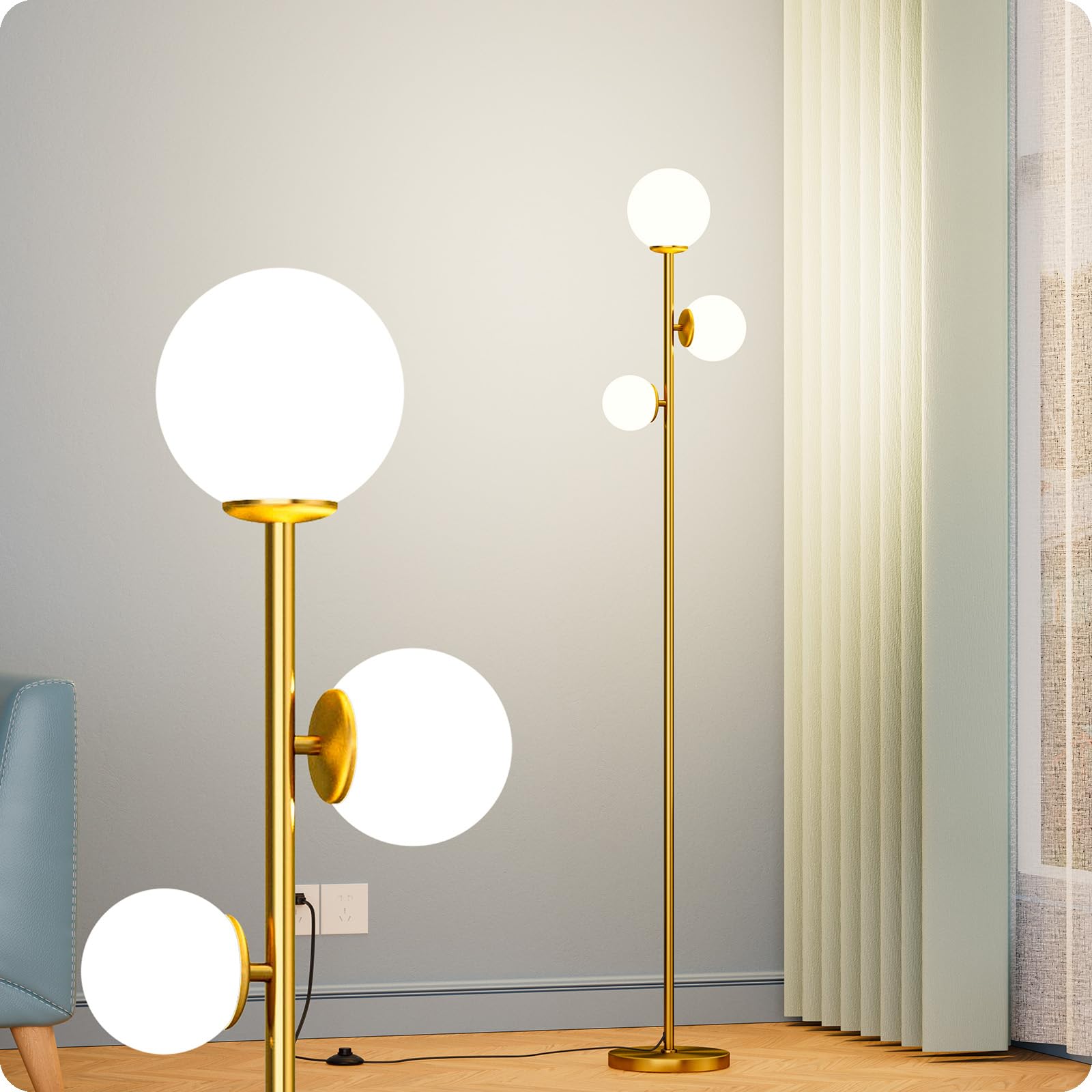Nukanu floor lamp with three frosted glass shades in a gold finish for warm ambient lighting