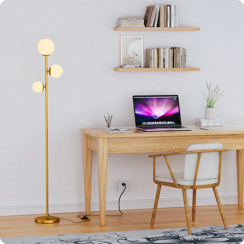 Bedroom setup featuring Nukanu floor lamp with soft warm light