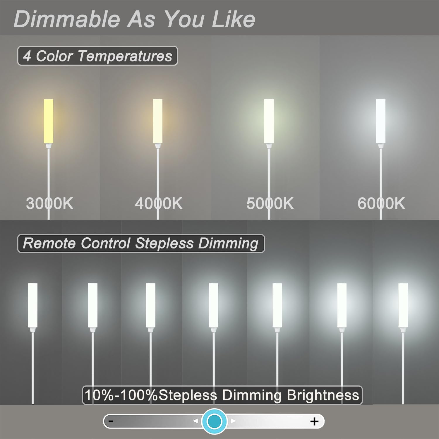 Nukanu floor lamp displaying color temperature range from 3000K to 6000K