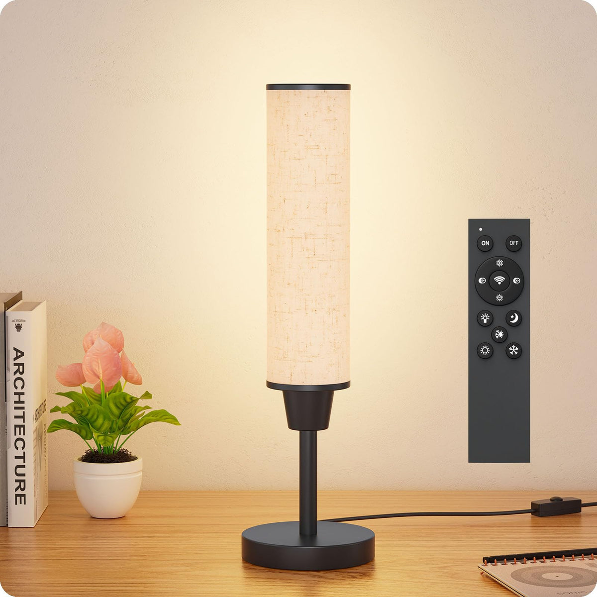Nukanu table lamp with remote control, front view, ideal for effortless bedside lighting.