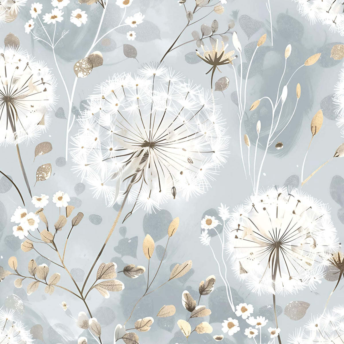 Nukofal floral wallpaper with blue dandelion pattern for a bright, stylish accent wall.