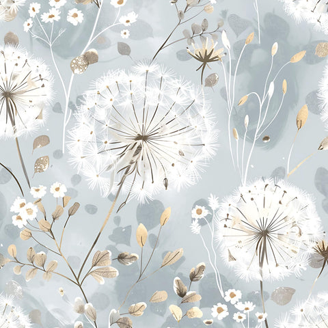 Nukofal floral wallpaper with blue dandelion pattern for a bright, stylish accent wall.
