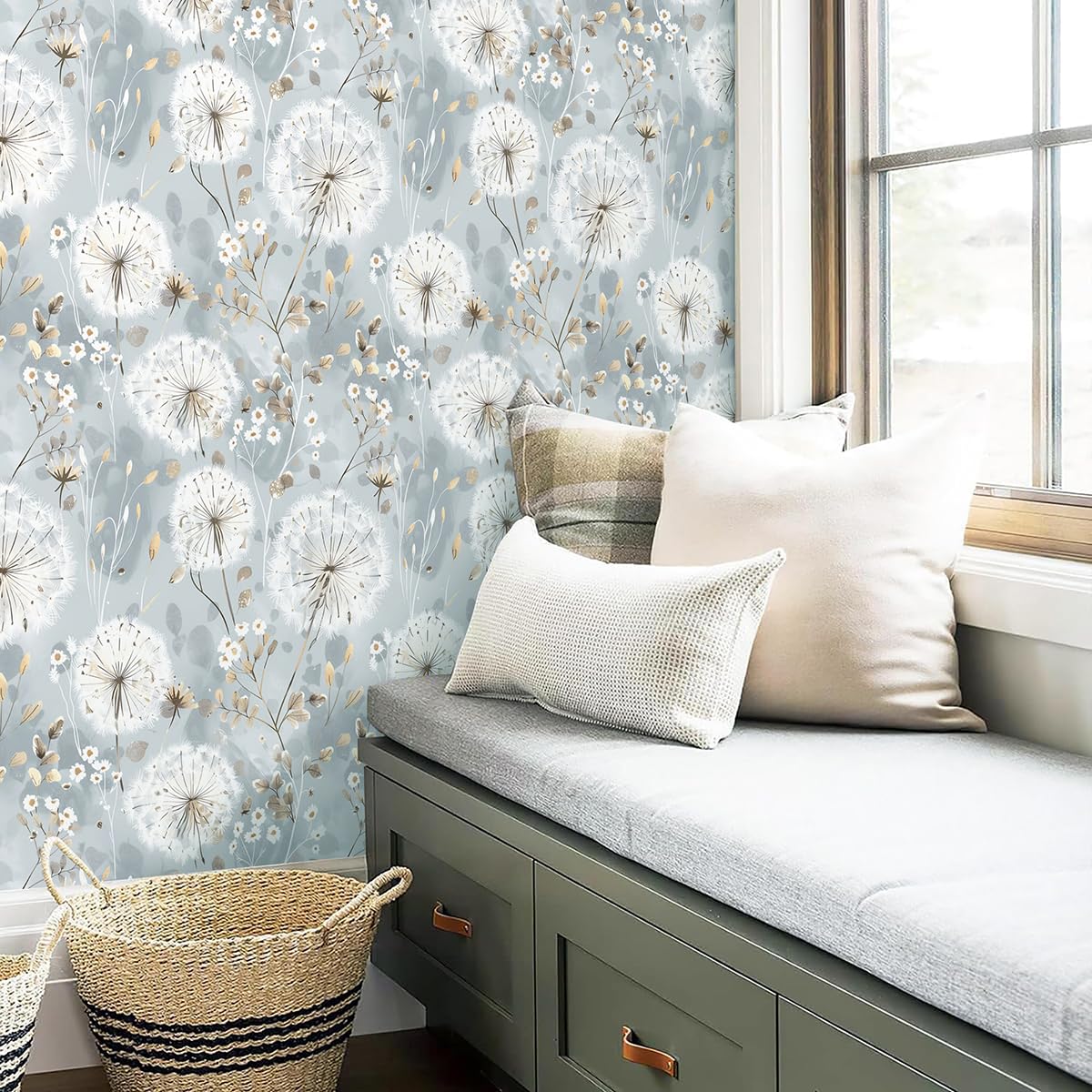 Nukofal floral wallpaper dandelion blue on wall easy application