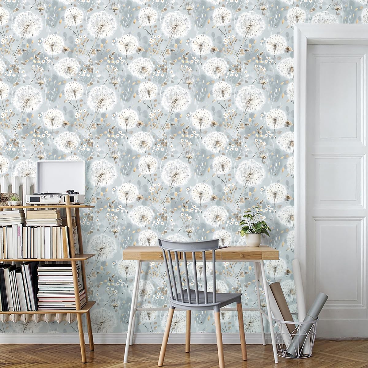 Nukofal vintage flower wallpaper creates a soft, elegant backdrop.