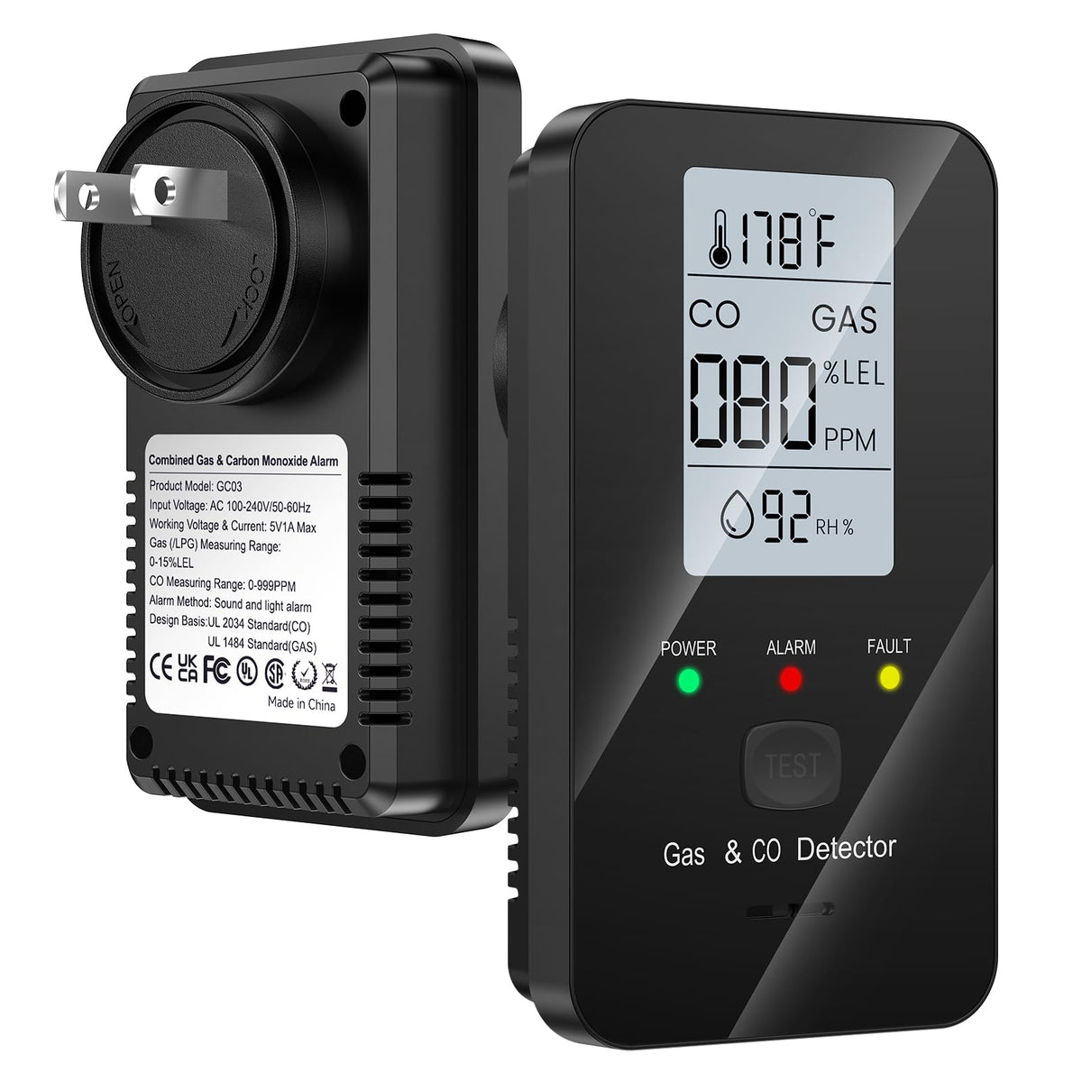 NULETO 4-in-1 detector front view with live CO and gas readings for home safety