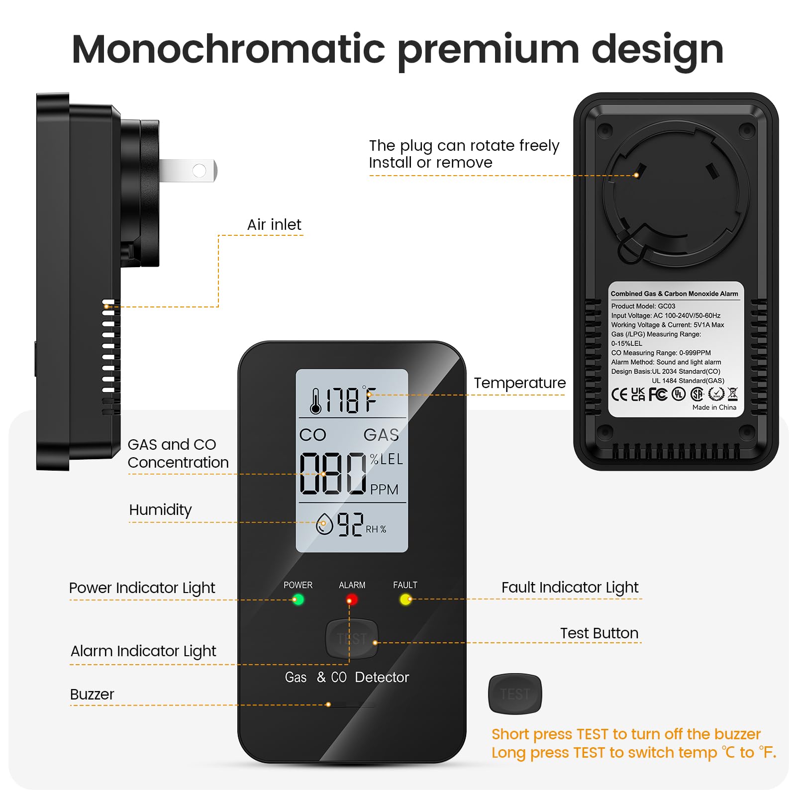 NULETO 4-in-1 detector LCD display shows temperature and humidity