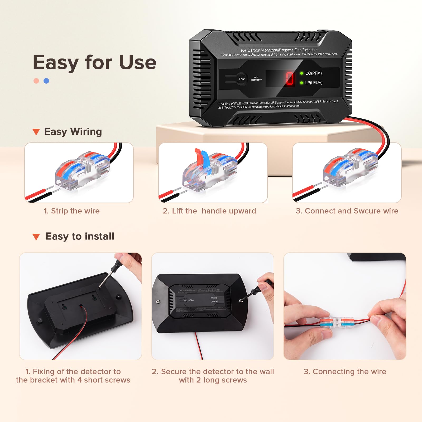 NULETO RV Dual LP/CO Alarm digital display shows gas levels at a glance.