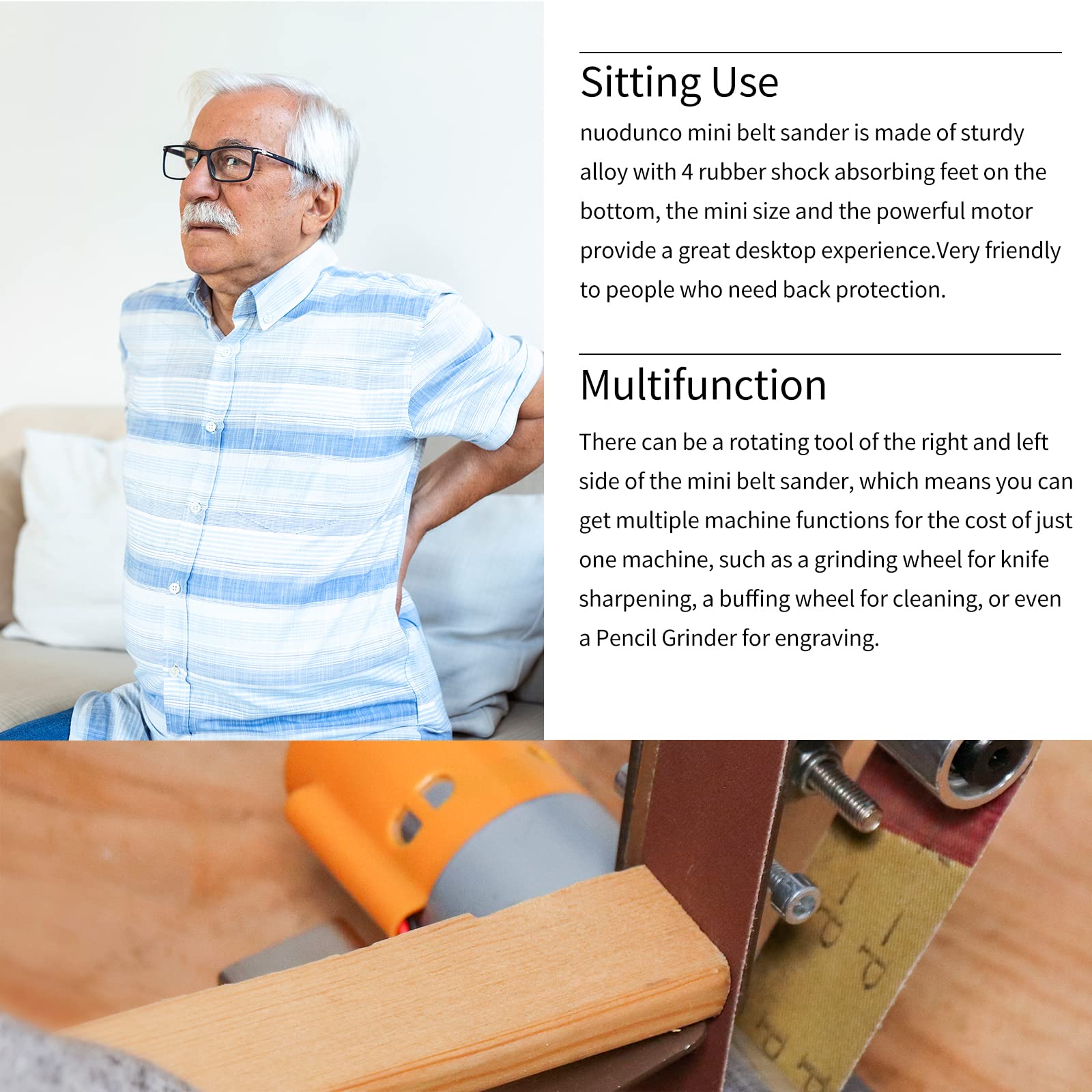 NuoDunco anti-vibration feet stabilize the unit during work sessions.