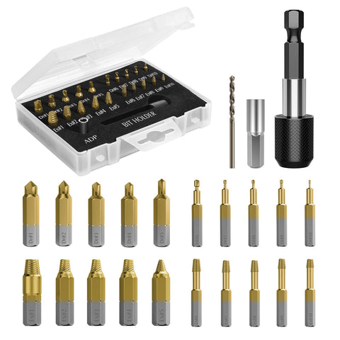 Nuovoware damaged screw extractor set front view, organized 22-piece kit for quick repairs.