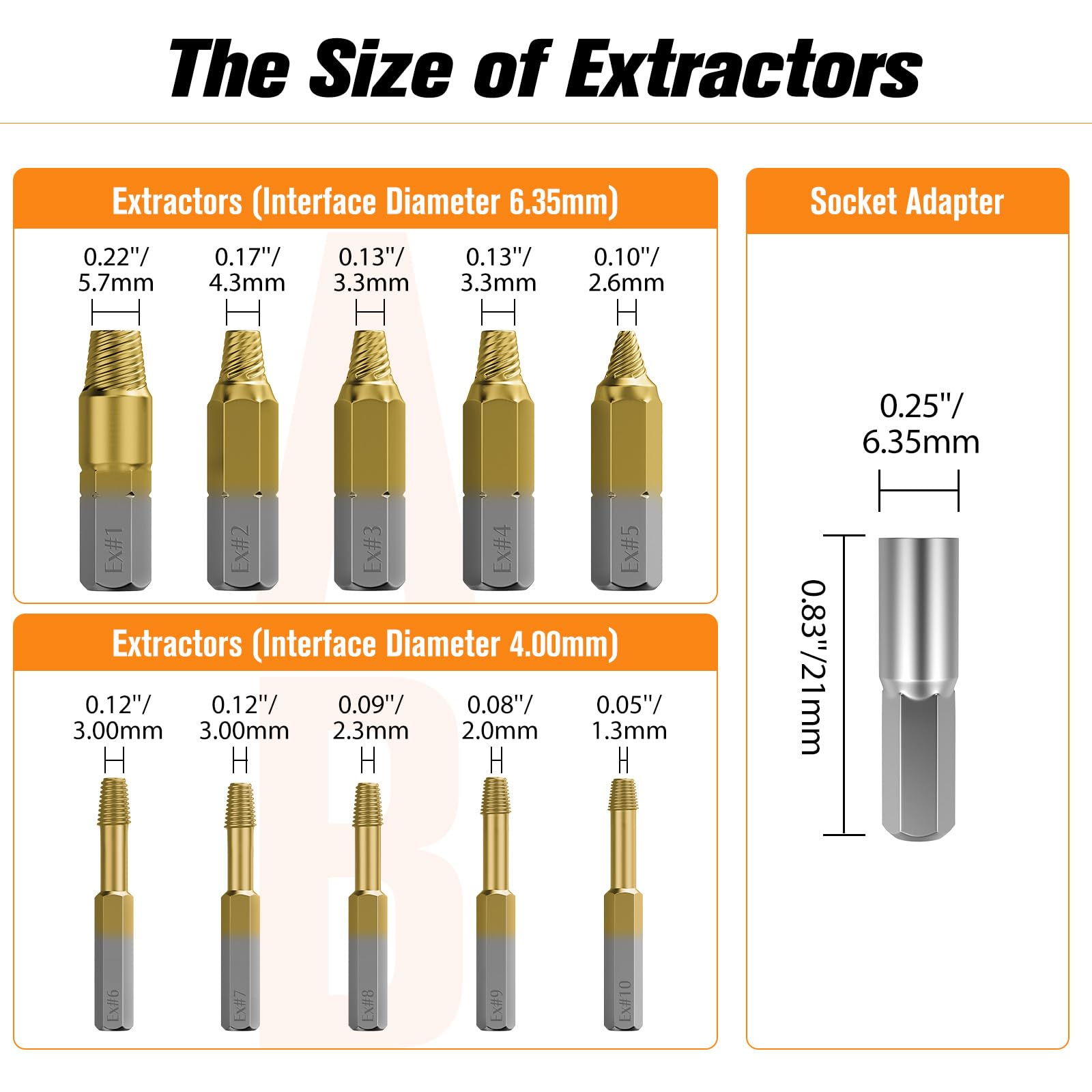 Nuovoware extractor size chart close-up helps pick the right bit.