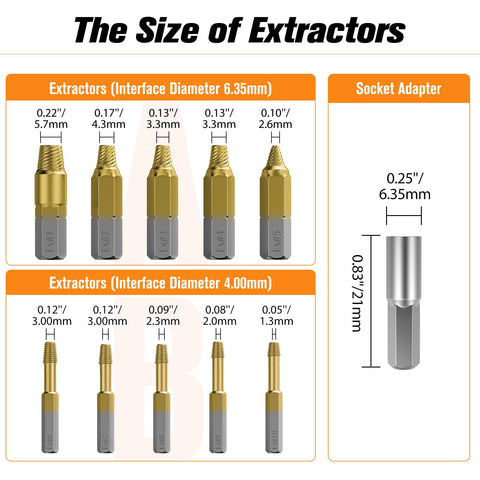 Nuovoware extractor size chart close-up helps pick the right bit.